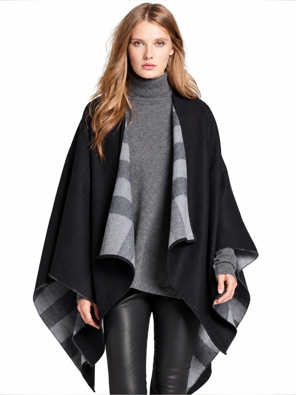 Burberry Charlotte Reversible Check Cape Poncho Charcoal (one size fits all)